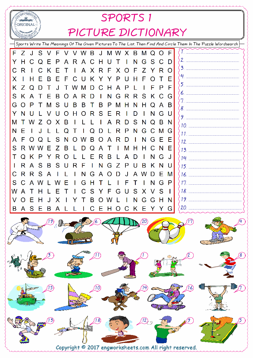  For kids, check the picture of Sports find, and write the word and find it in the word puzzle ESL printable worksheet. 